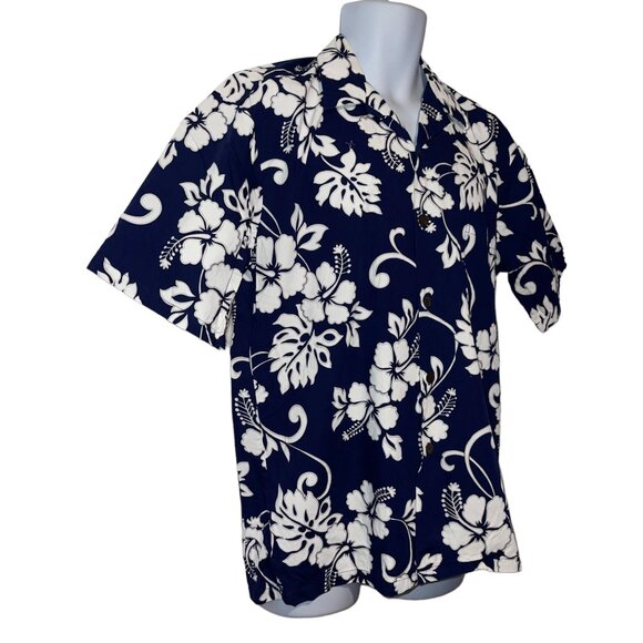 Retro Hilo Hattie Hawaiian Shirt Mens M Floral Plumeria Leaf Aloha Beach Blue - Picture 4 of 10